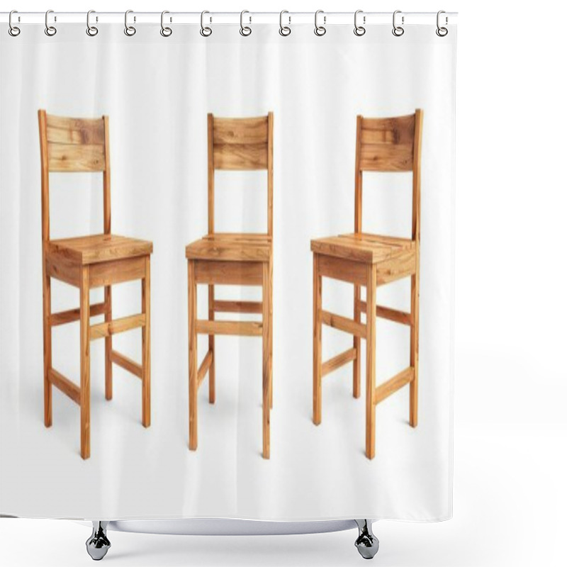 Personality  Three Wooden Chairs Arranged Artistically Against A White Background, Showcasing A Minimalist Design. Shower Curtains