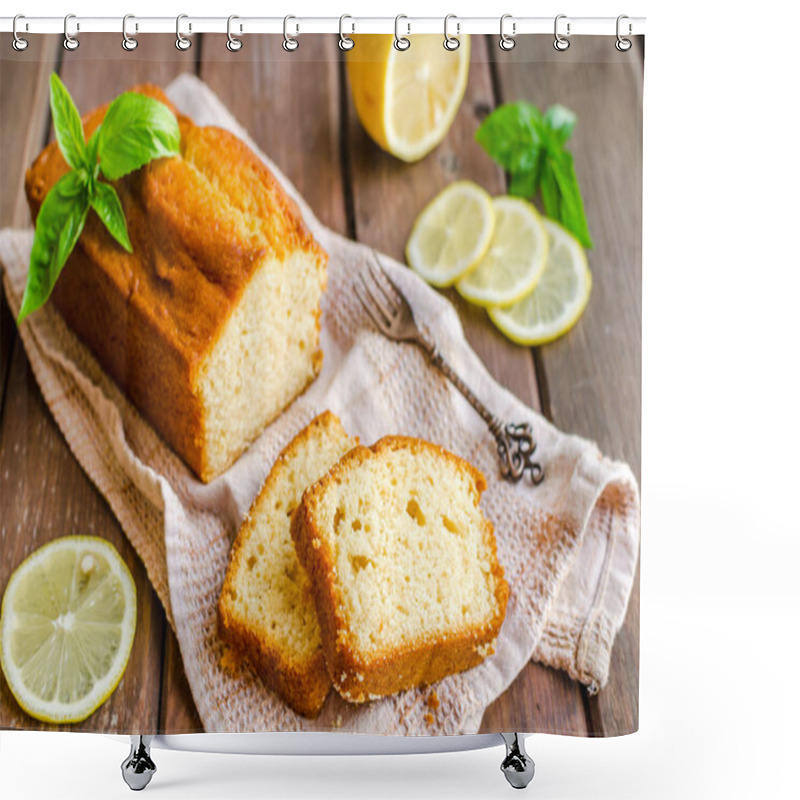 Personality  Lemon Pound Cake On Rustic Wooden Background With Lemon. Selective Focus Shower Curtains