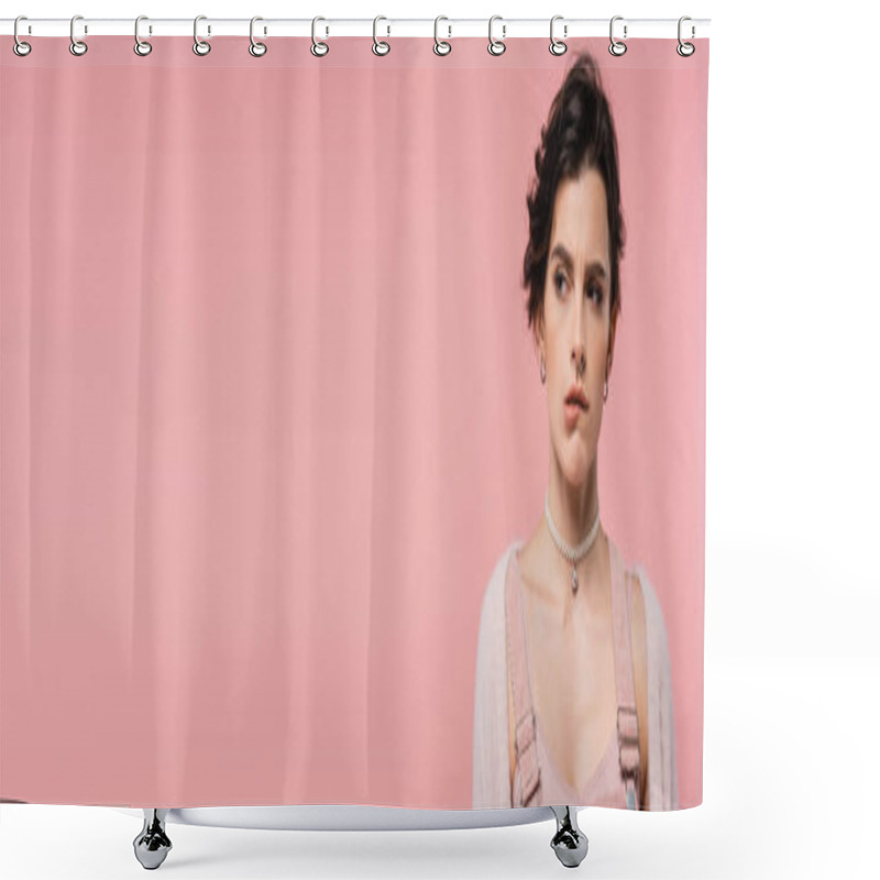 Personality  Offended Brunette Woman In Pearl Necklace Biting Lip And Looking Away Isolated On Pink, Banner Shower Curtains