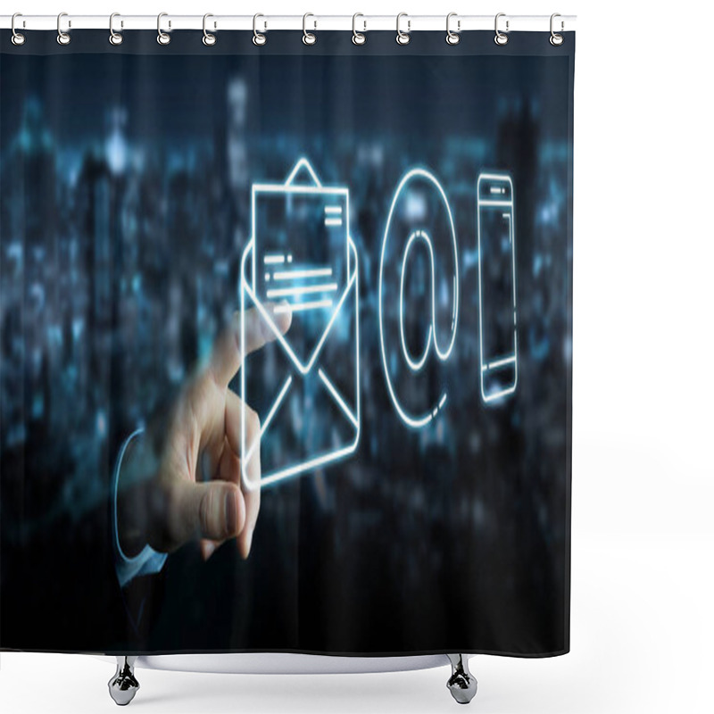 Personality  Businessman On Blurred Background Using Thin Line Contact Icon Shower Curtains