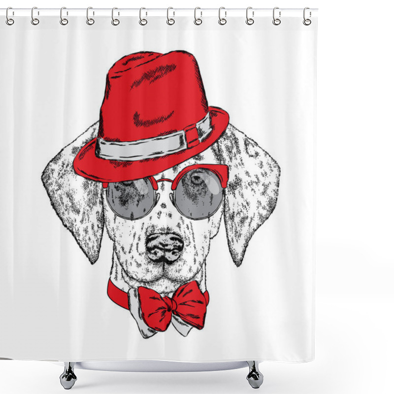 Personality  Cute Puppy Wearing A Hat, Sunglasses And A Tie. Vector Illustration. Beautiful Dog. Dalmatians. Shower Curtains