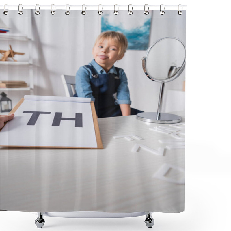 Personality  Speech Therapist Holding Clipboard With Letters Near Blurred Pupil And Mirror In Consulting Room  Shower Curtains