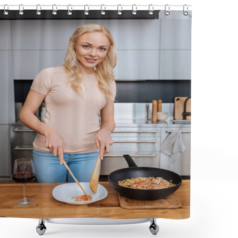 Personality  Smiling Woman Putting Thai Noodles On Plate With Wooden Spatulas While Looking At Camera Shower Curtains