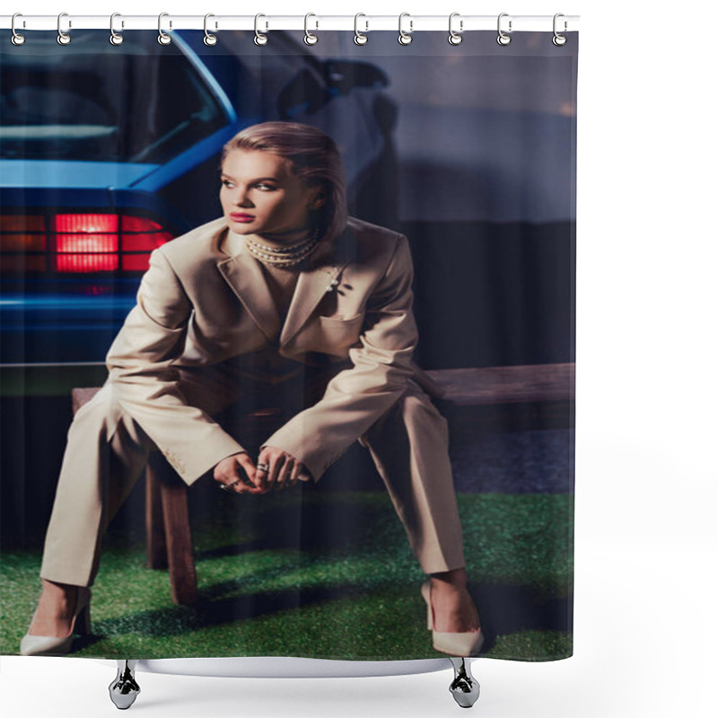 Personality  Attractive And Stylish Woman In Suit Sitting On Wooden Bench Near Retro Car Shower Curtains