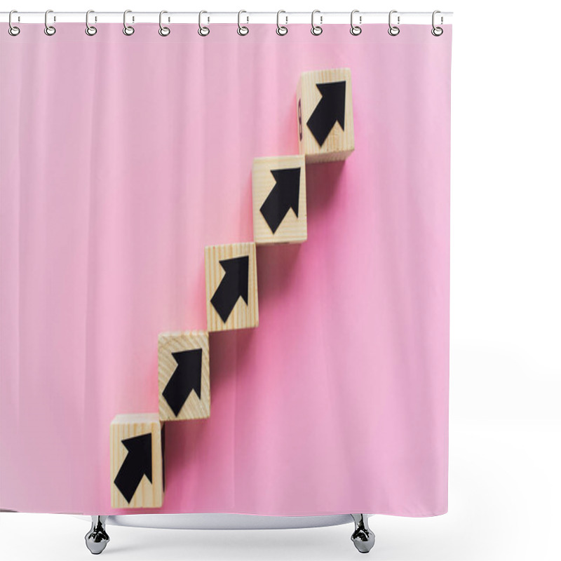 Personality  Top View Of Wooden Blocks With Black Arrows On Pink Background, Business Concept  Shower Curtains