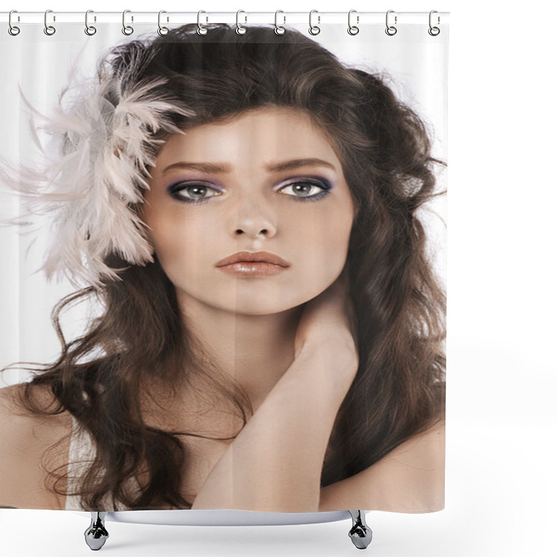 Personality  Girl with long curled hairstyle and feather accessory shower curtains