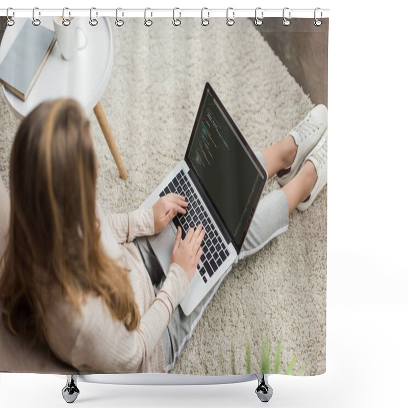 Personality  High Angle View Of Young Female Developer Coding With Laptop At Home Shower Curtains