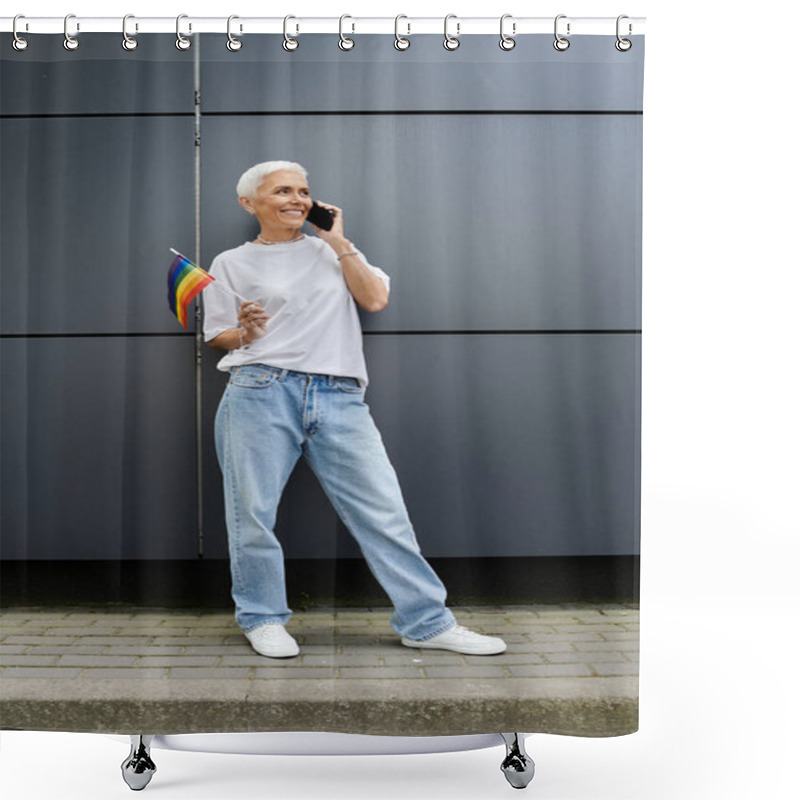 Personality  A Joyful Woman Embraces Pride With A Rainbow Flag While On A Call. Shower Curtains