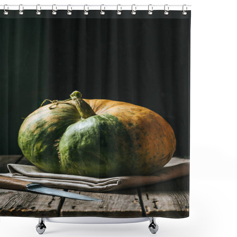 Personality  Close Up View Of Raw Pumpkin On Linen And Knife On Black Background Shower Curtains