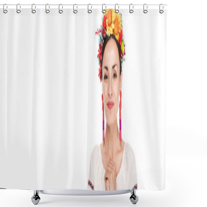 Personality  Happy Brunette Young Woman In National Ukrainian Embroidered Shirt And Floral Wreath Isolated On White, Panoramic Shot Shower Curtains