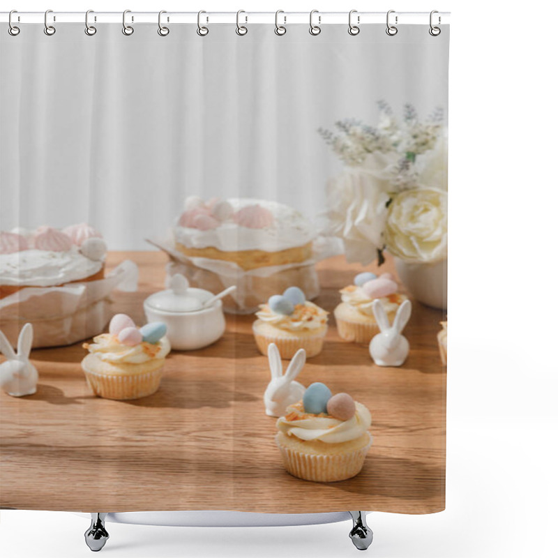 Personality  Selective Focus Of Cupcakes With Decorative Rabbits, Sugar Bowl, Easter Cakes And Vase With Bouquet Isolated On Grey Shower Curtains