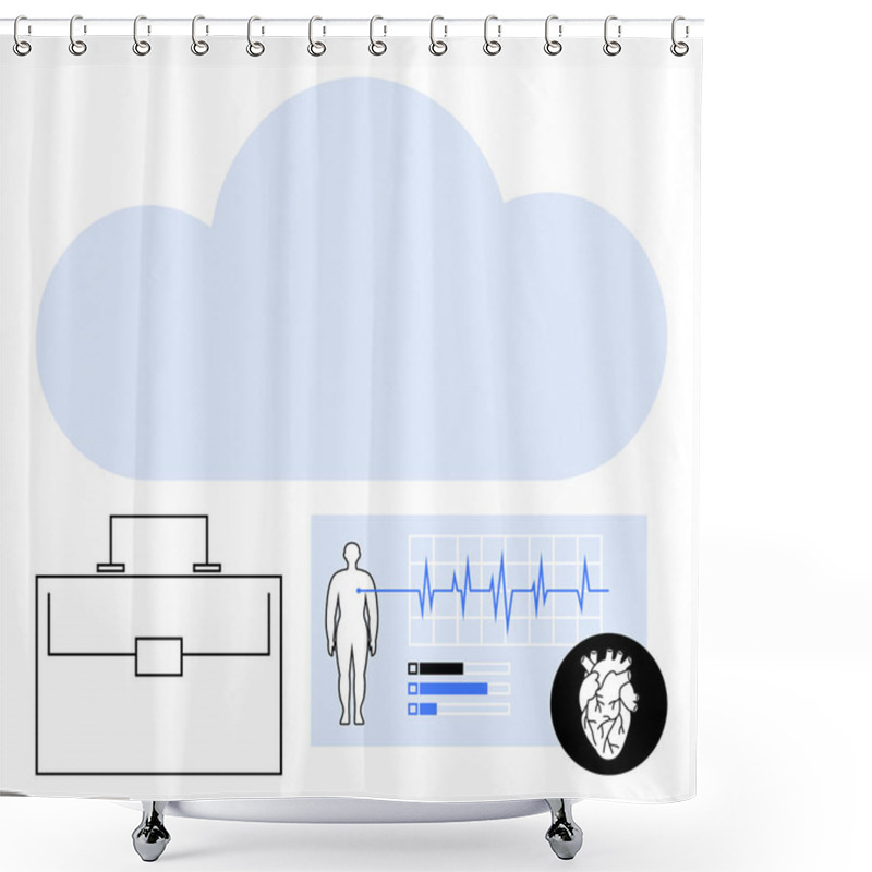 Personality  Cloud Graphic With A Briefcase, Body Diagram, Heartbeat Chart, And Heart Icon. Ideal For Health Monitoring, Telemedicine, Data Storage, Cloud Tech, Medical Research Workplace Wellness Abstract Line Shower Curtains