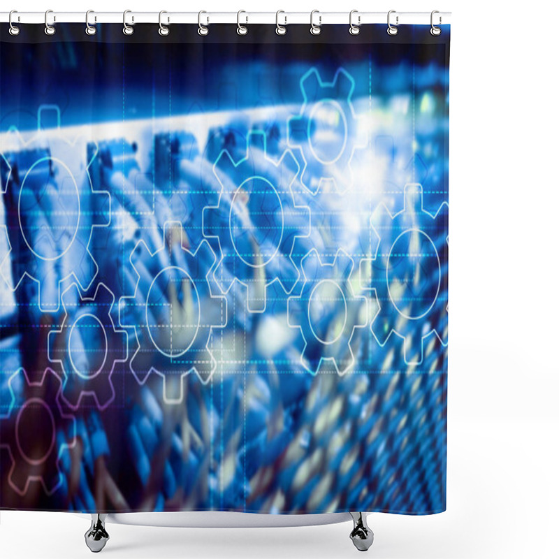 Personality  Gears Mechanism, Digital Transformation, Data Integration And Digital Technology Concept. Shower Curtains