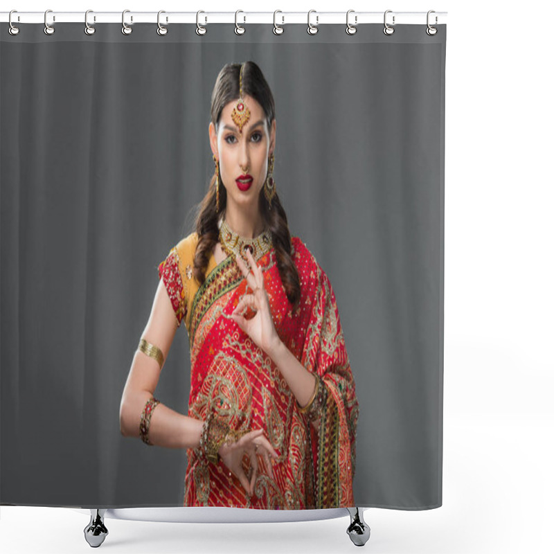 Personality  Attractive Indian Woman In Sari And Accessories With Gyan Mudra, Isolated On Grey  Shower Curtains