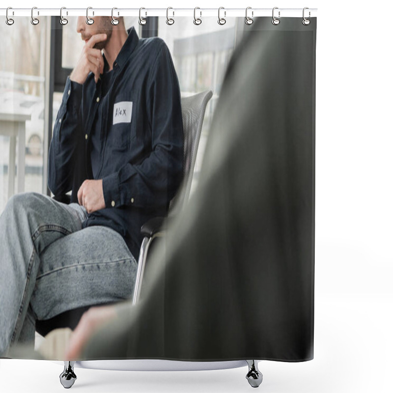 Personality  Cropped View Of Man With Alcohol Addiction Sitting On Chair In Rehab Center  Shower Curtains