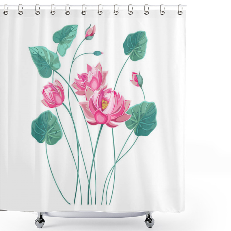 Personality  Composition Of Pink Lotus Flower With Green Leaves Shower Curtains