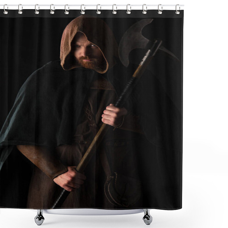 Personality  Frowning Medieval Scottish Warrior With Battle Axe In Mantel Isolated On Black Shower Curtains