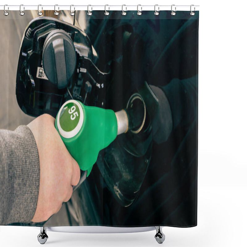 Personality  A Man Pumping Gasoline Fuel In Car At Gas Station. Shower Curtains