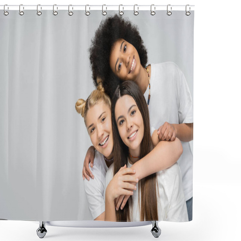 Personality  Gleeful And Teenage Girls In White T-shirts Hugging Each Other And Looking At Camera While Standing Isolated On Grey, Energetic Teenage Friends Spending Time, Copy Space, Friendship And Companionship Shower Curtains