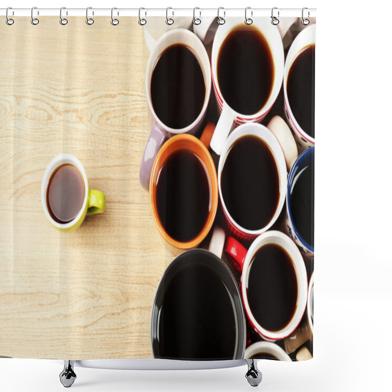 Personality  Many Cups Of Coffee On Wooden Table Background, Closeup View Shower Curtains