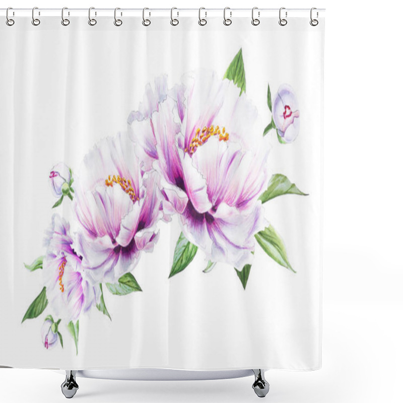 Personality  White Peony Flowers Illustration On White Background Shower Curtains