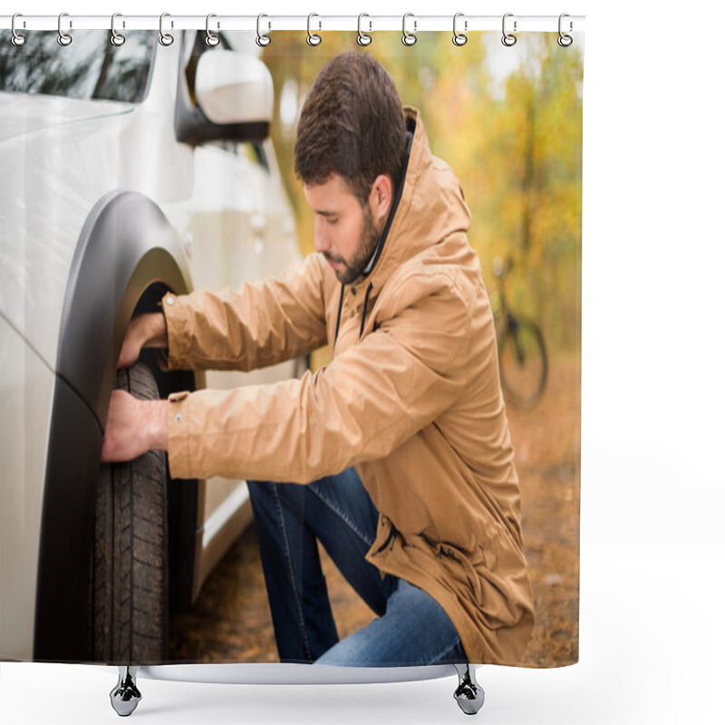 Personality  Man Checking Car Tyre  Shower Curtains