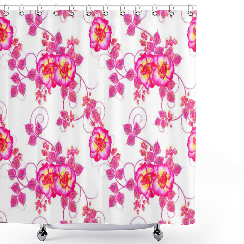 Personality  Violet, Pink Flowers With A Paisley Element, Delicate Curls, Bright Leaves, Inflorescences Of Berries. Floral Seamless Pattern. Shower Curtains