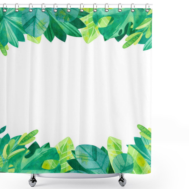 Personality  Empty Vertical Frame With Jungle  Leaves Hand Drawn Illustration. Tropical Exotic Leaves Border Watercolor Drawing.  Blank  Frame With Greens Isolated On White Background Shower Curtains