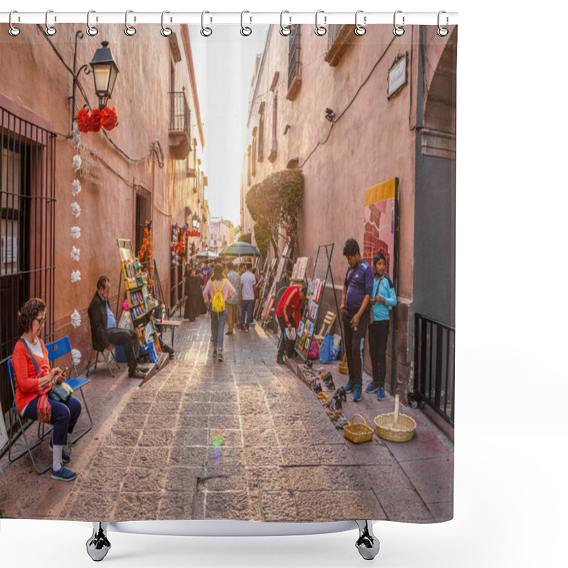 Personality  Santiago De Queretaro, Queretaro, Mexico - November 24, 2019: Tourist And Locals, Looking At Art Pieces Sold By The Authors At The Andador Libertad Shower Curtains