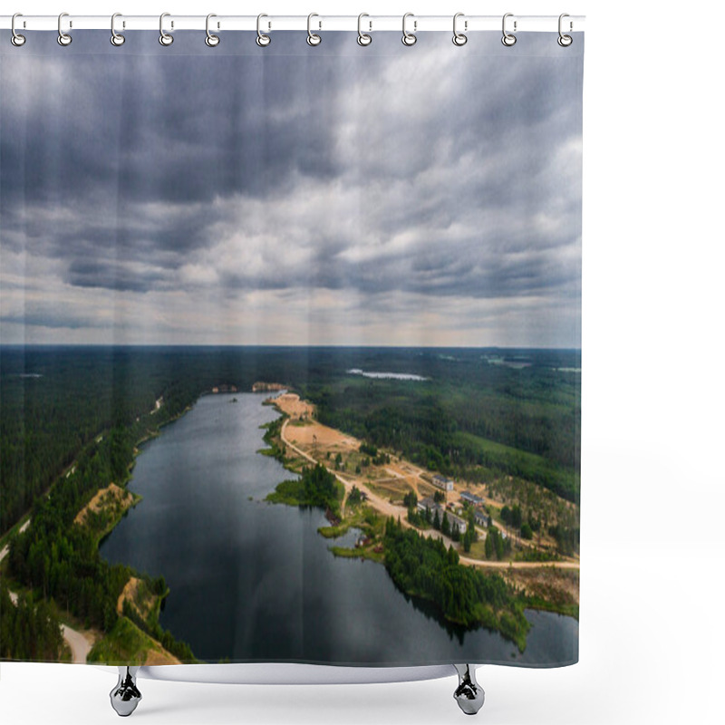 Personality  Aerial View. Quarry And Lake. Nature Landscape After Mining. Sunset. Green Forest.  Shower Curtains