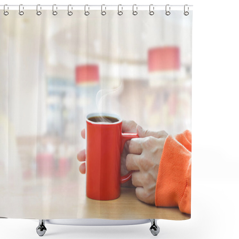 Personality  Red Coffee Cup With Smoke In Woman Hand In Coffee Shop Shower Curtains