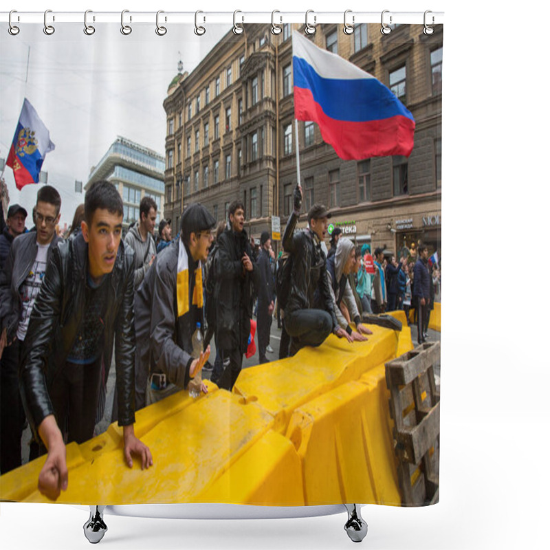 Personality  ST. PETERSBURG, RUSSIA - MAY 5, 2018: Opposition Supporters Shout During A Protest Ahead Of President Vladimir Putin's Inauguration Ceremony, On Nevsky Prospect In Center Of St. Petersburg Shower Curtains