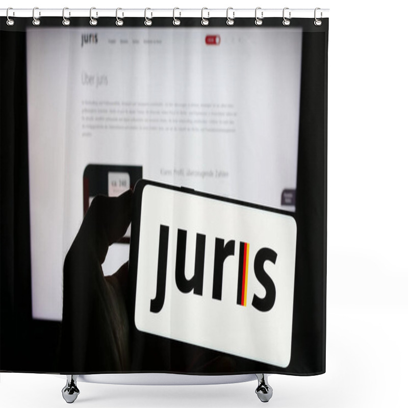 Personality  Stuttgart, Germany - 07-15-2023: Person Holding Cellphone With Logo Of German Legal Information Prodiver Juris GmbH On Screen In Front Of Webpage. Focus On Phone Display. Shower Curtains