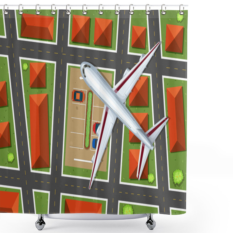 Personality  Aerial View Of Airplane Flying Over Neighborhood Shower Curtains