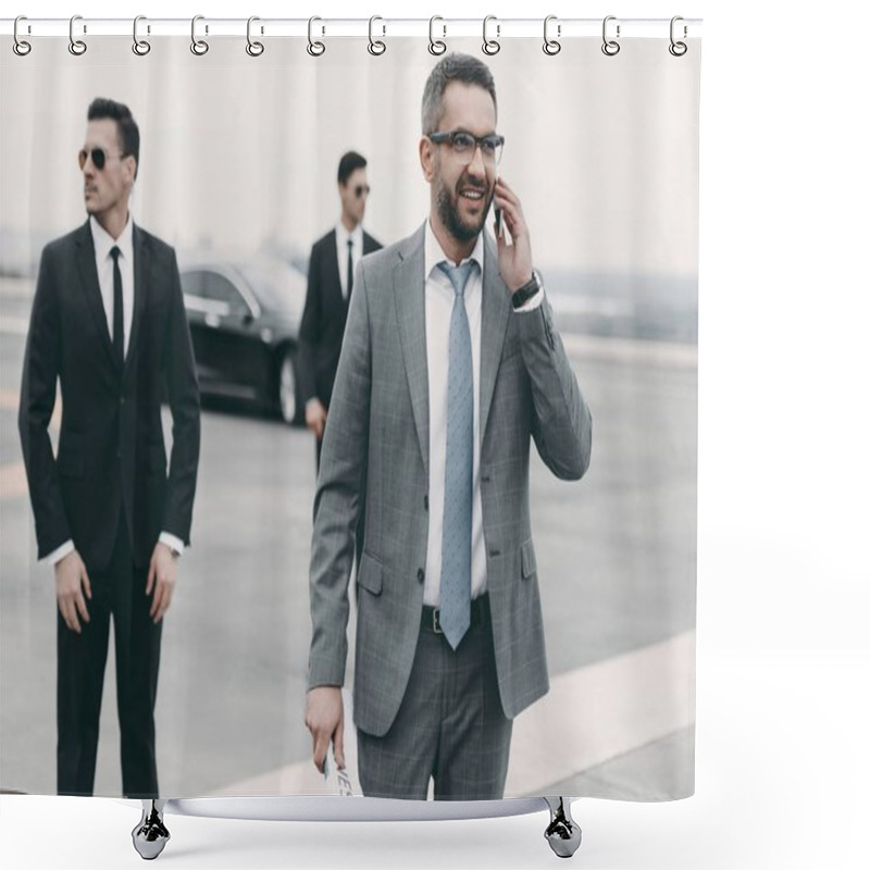 Personality  Smiling Businessman Walking With Bodyguards And Talking By Smartphone  Shower Curtains