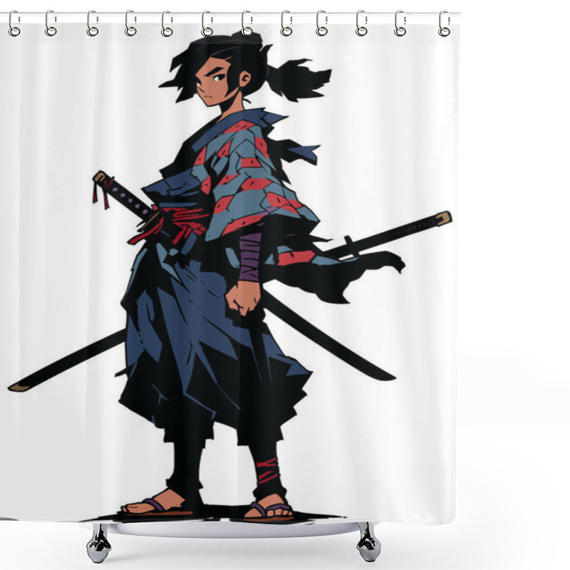 Personality  Anime Style Samurai Girl Standing Tall On White Background. Shower Curtains