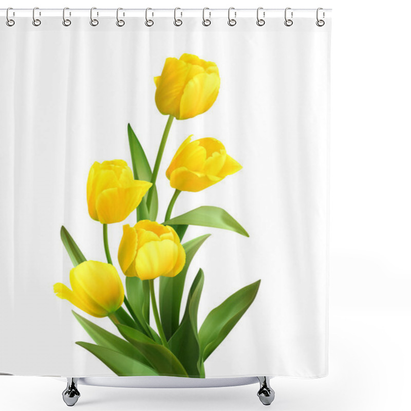 Personality  Bouquet Of Spring Yellow Tulips Isolated On White Background. Realistic Vector Illustration Shower Curtains