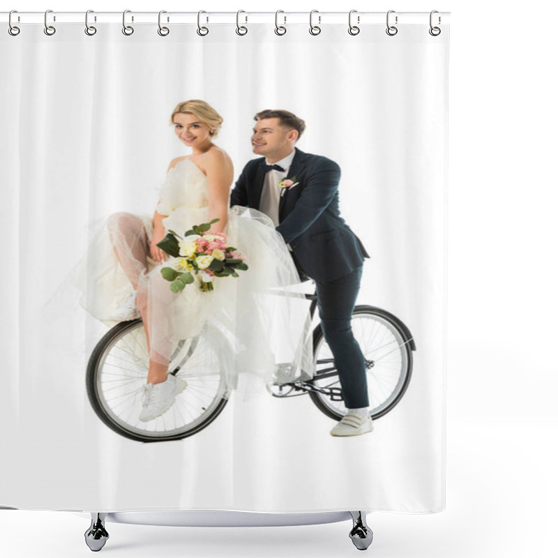 Personality  Beautiful Bride Holding Wedding Bouquet While Sitting On Bicycle Together With Groom Isolated On White Shower Curtains