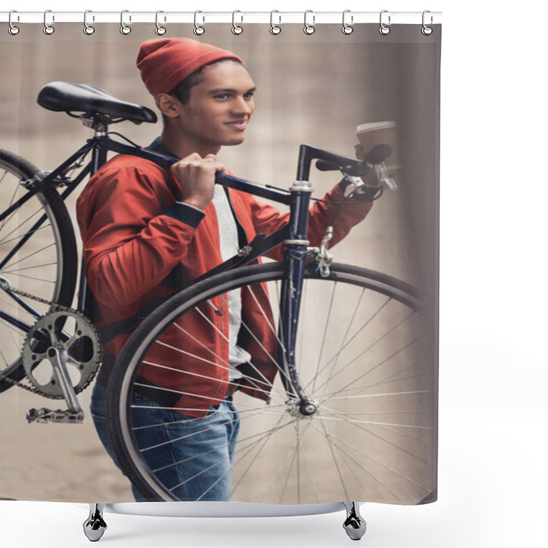 Personality  Man With Bicycle Drinking Coffee To Go Shower Curtains