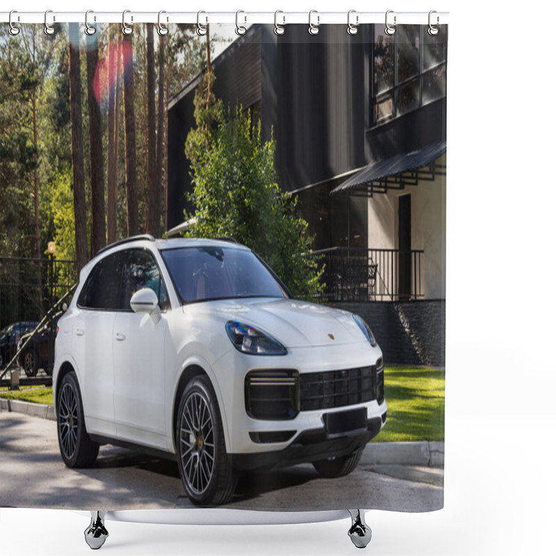 Personality  Novosibirsk, Russia -  July 10, 2024: Porsche Cayenne Parked In City. No Other Car And People.  Shower Curtains