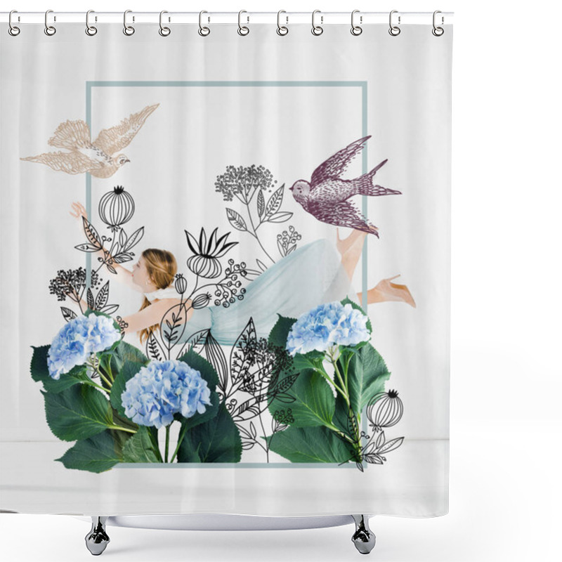 Personality  Floating Girl In Blue Dress With Flowers And Birds Illustration  Shower Curtains