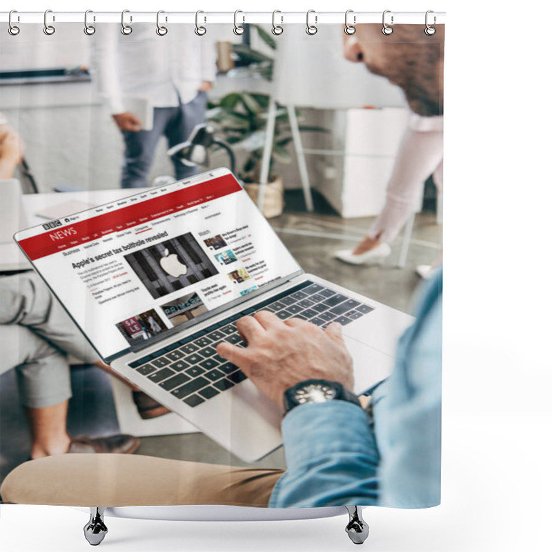 Personality  Cropped Shot Of Young Businessman Using Laptop With Bbc News Website Shower Curtains