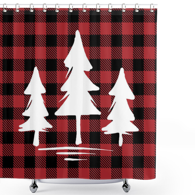 Personality  Pine Trees, Christmas Trees - On Red And Black Tartan Plaid Scottish Seamless Pattern. Greeting Card Text Calligraphy Phrase For Christmas Or Other Gift. Xmas Greetings Cards, Invitations. Shower Curtains