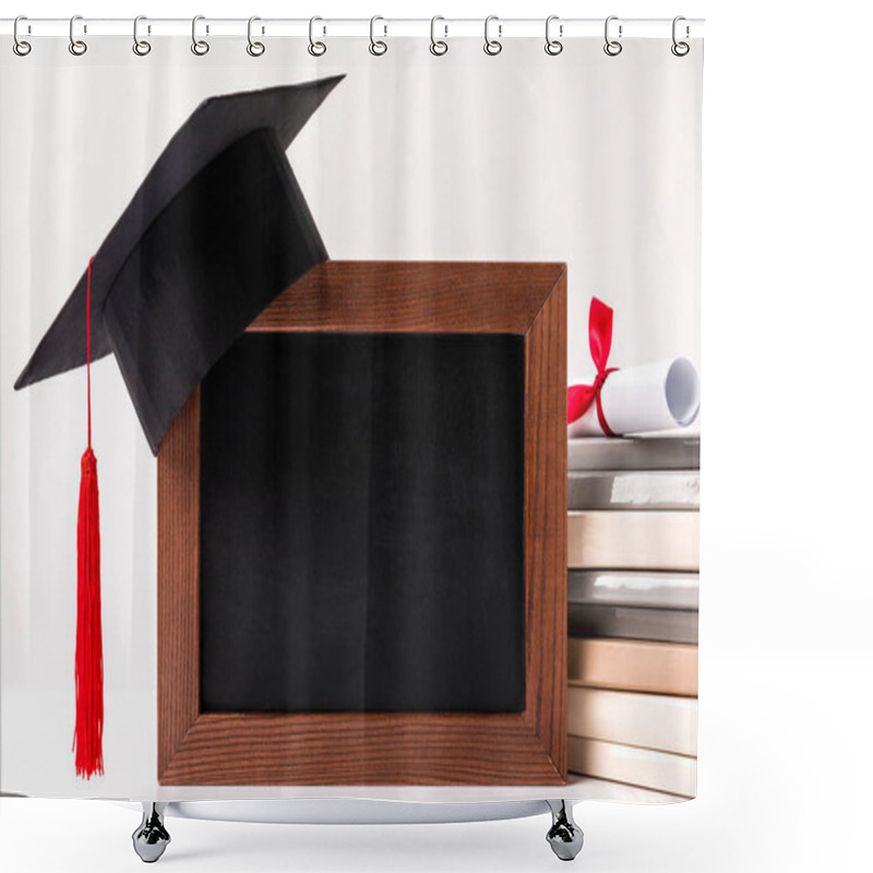 Personality  Diploma On Stack Of Books, Empty Blackboard With Academic Cup Isolated On White Shower Curtains