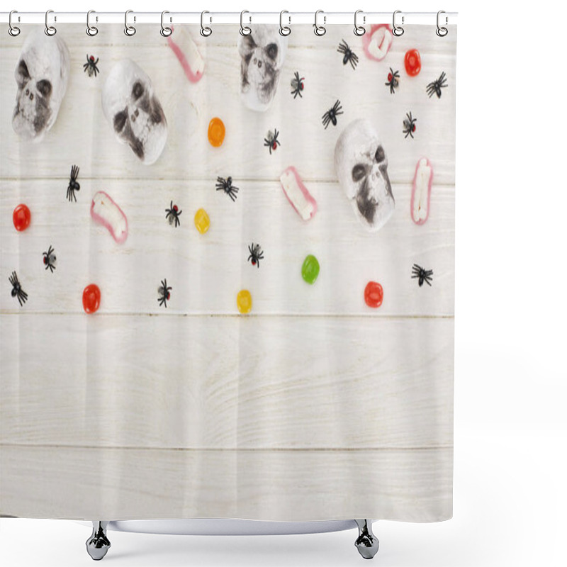 Personality  Top View Of Bonbons, Gummy Teeth, Skulls And Spiders On White Wooden Table, Halloween Treat Shower Curtains