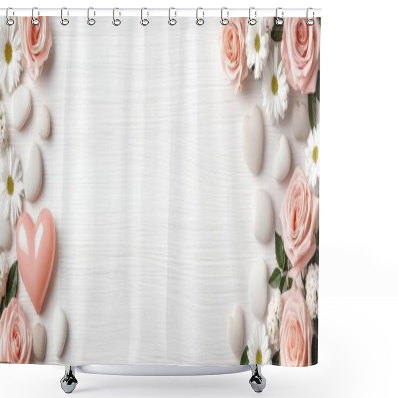 Personality  Elegant Floral Composition With Pink Roses, White Daisies, And Smooth Stones On A Textured White Background, Creating A Peaceful, Romantic Atmosphere Perfect For Special Occasions  Shower Curtains