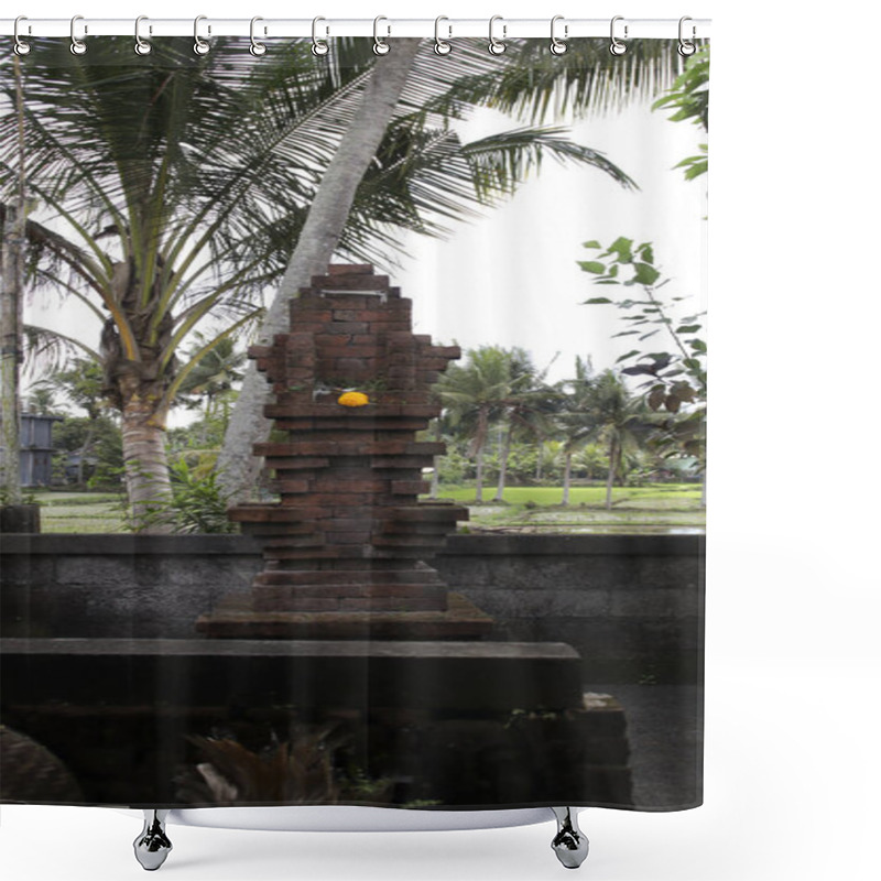 Personality  Traditional Balinese Hindu Shrine Sanggah With Yellow Marigold Offering Surrounded By Palm Trees And Rice Fields In A Peaceful Tropical Setting Shower Curtains