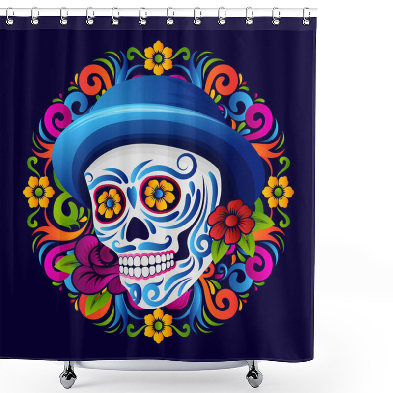 Personality  Dia De Muertos Badge Or Icon, Day Of The Dead Sugar Skull With Mexican Floral Decoration Shower Curtains