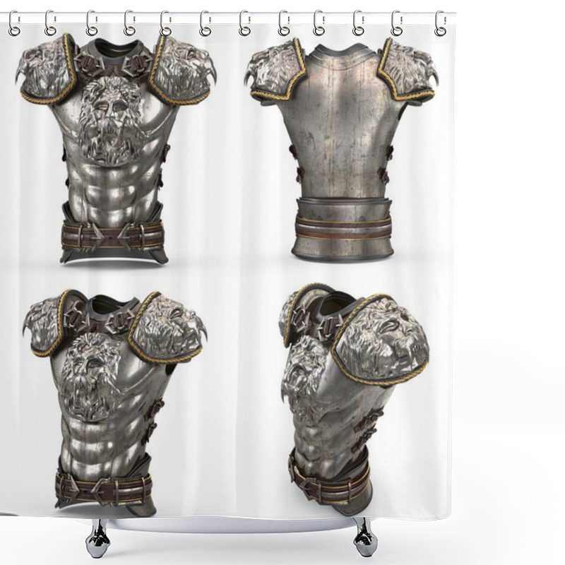 Personality  Medieval Armor On The Body In The Style Of A Lion With Large Shoulder Pads On An Isolated White Background. 3d Illustration Shower Curtains