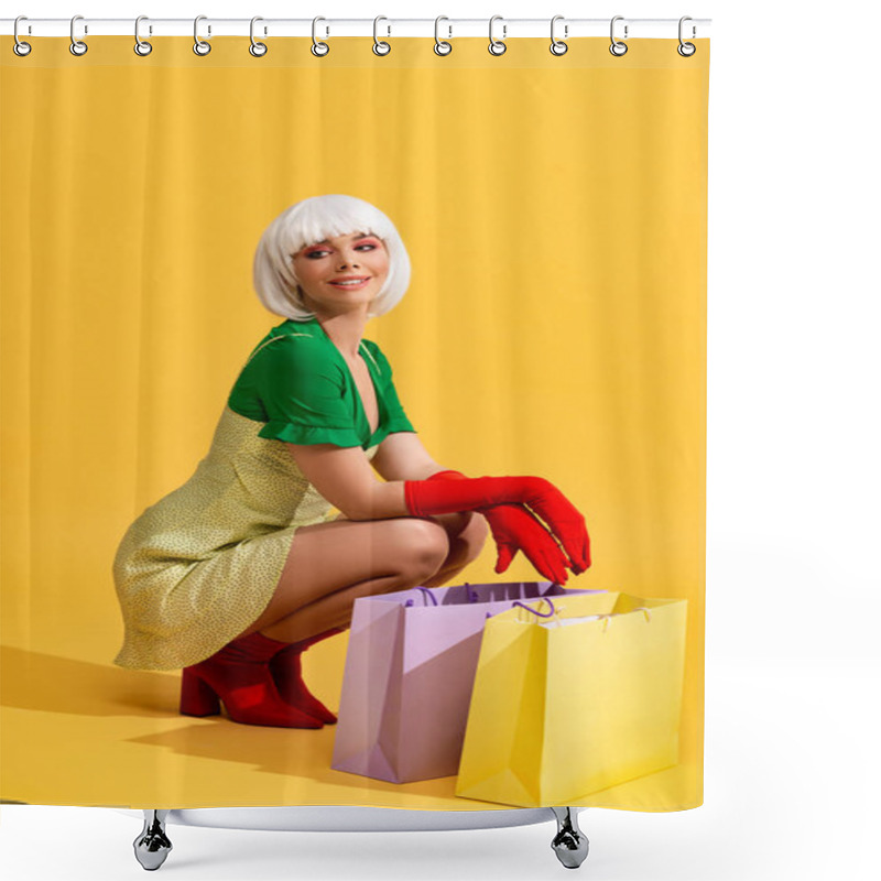 Personality  Happy Pop Art Girl In White Wig With Shopping Bags, On Yellow Shower Curtains